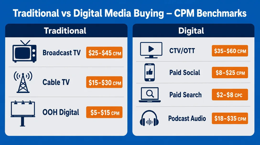 Comparison infographic of traditional versus digital media buying channels and CPMs