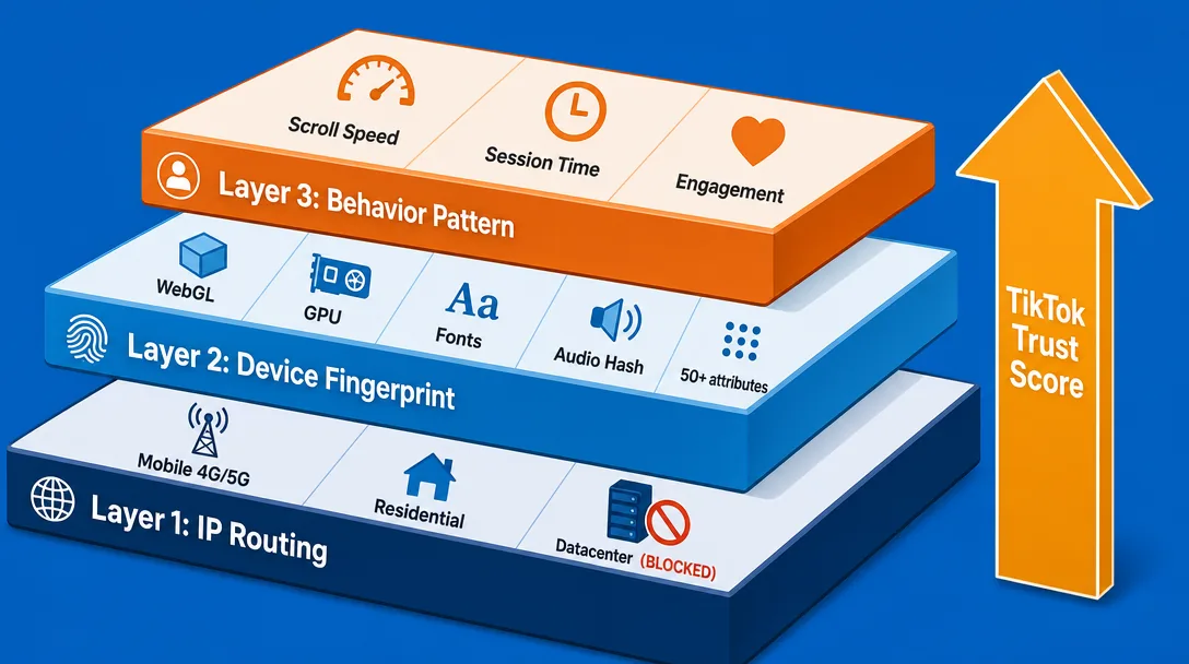 TikTok trust scoring three-layer infrastructure diagram IP device behavior