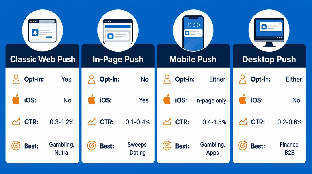 Comparison infographic of classic, in-page, mobile and desktop push formats