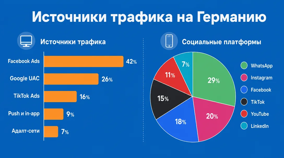 Диаграмма источников трафика и соцсетей для арбитража в Германии