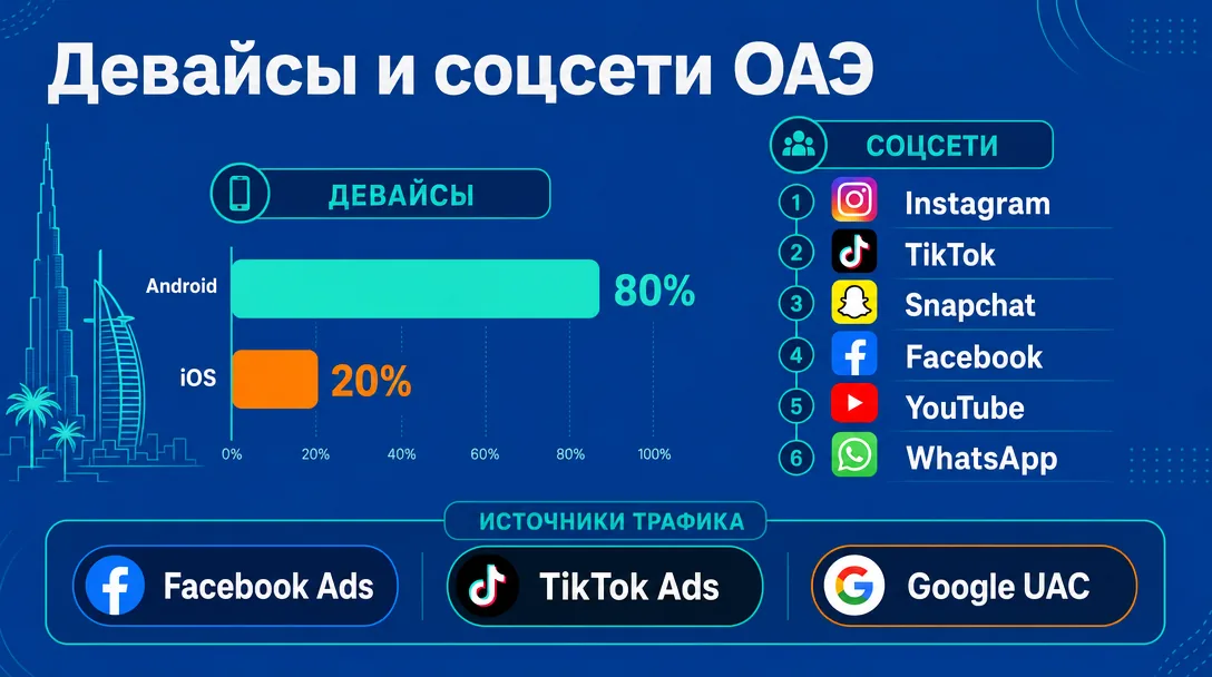 График долей Android и iOS и топ соцсетей в ОАЭ