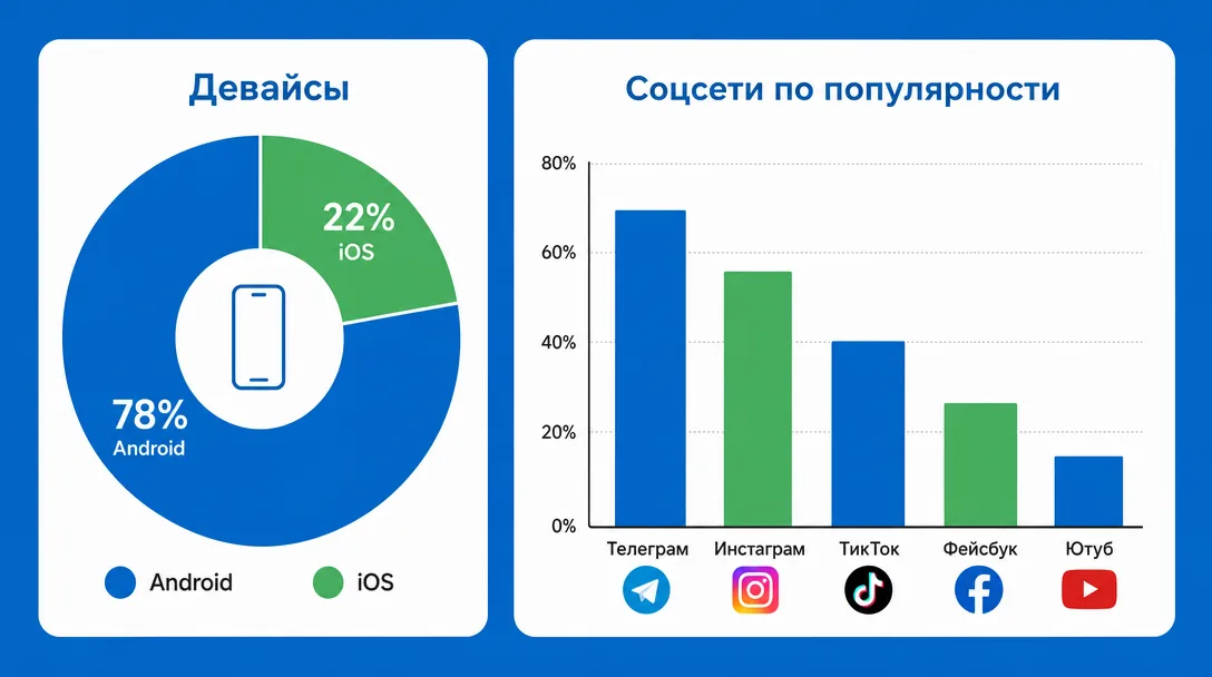 Распределение девайсов и соцсетей в Узбекистане для арбитража