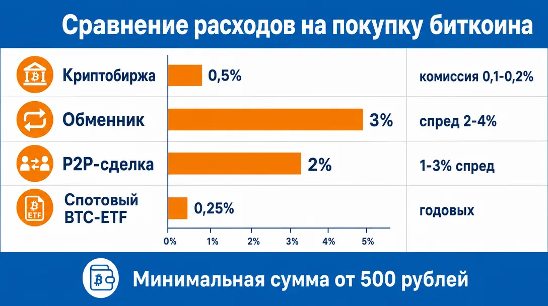 Сравнение комиссий биржи обменника P2P и ETF при покупке BTC