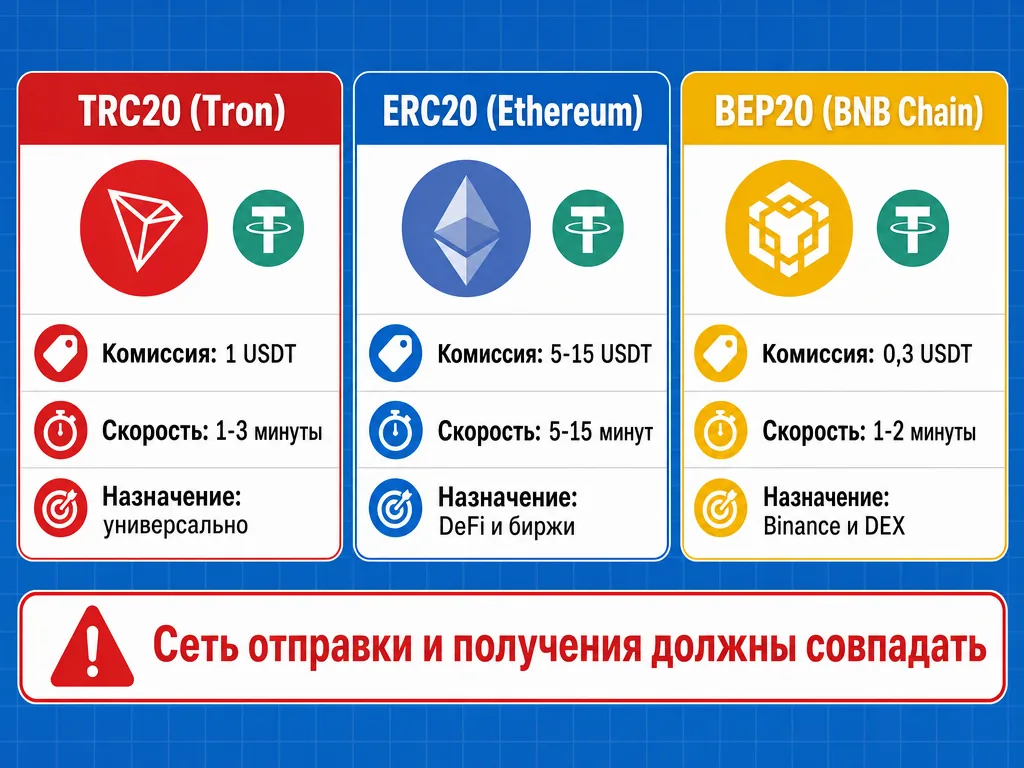 Схема сравнения сетей вывода USDT TRC20 ERC20 BEP20