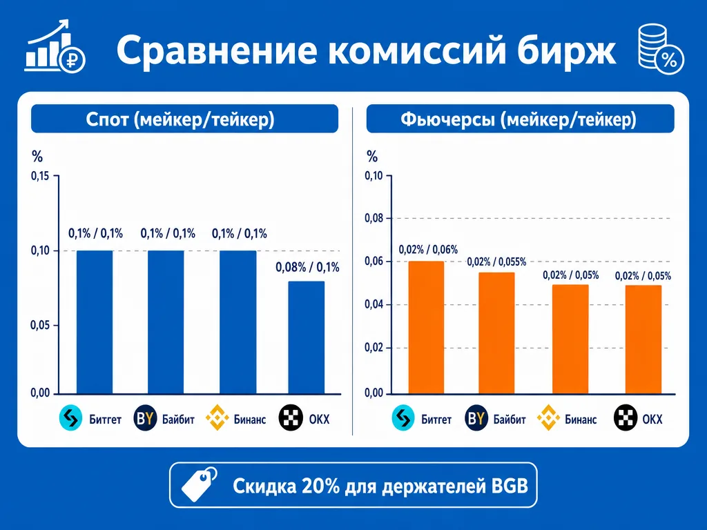 Сравнение комиссий Bitget Bybit Binance OKX на споте и фьючерсах