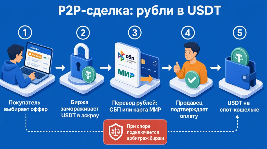 Схема P2P-сделки с эскроу: покупка USDT за рубли через СБП