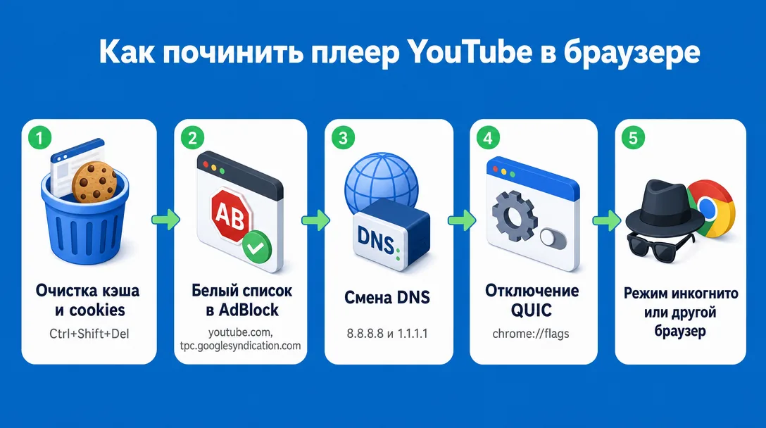 Схема пошагового решения ошибки YouTube в браузере