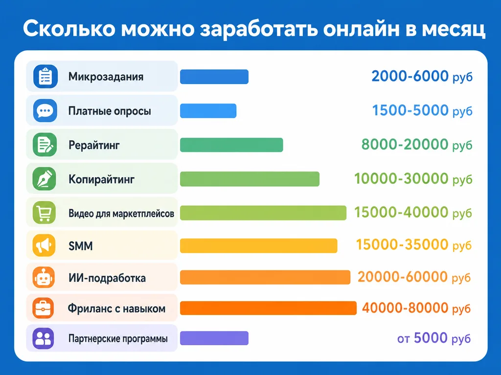 Инфографика сравнение девяти способов подработки в интернете по доходу