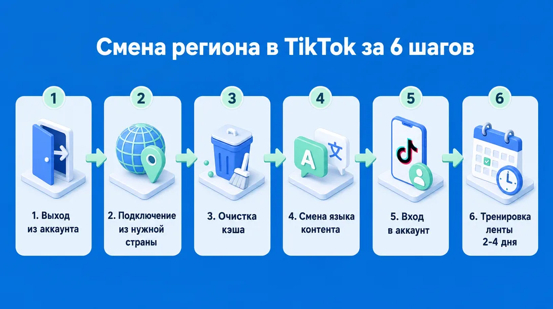 Схема пошаговой смены региона в TikTok за шесть шагов