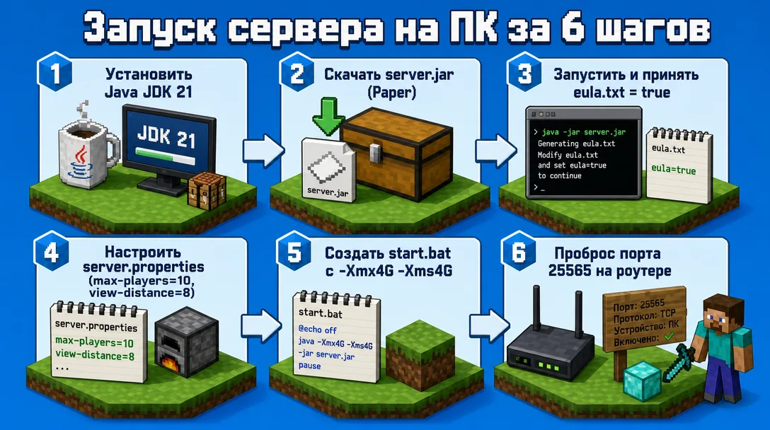 Схема запуска собственного сервера Minecraft на ПК через server.jar