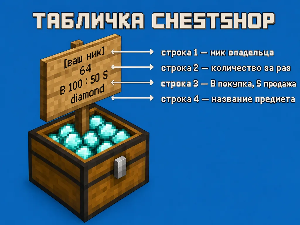 Схема таблички ChestShop над сундуком с расшифровкой строк