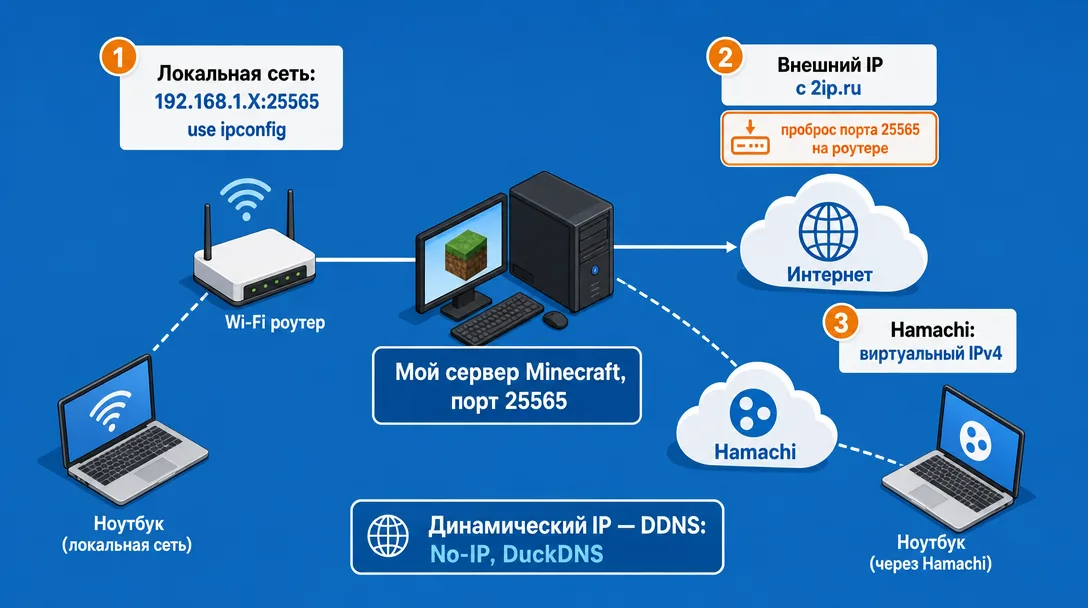 Схема локального и внешнего IP сервера Майнкрафт