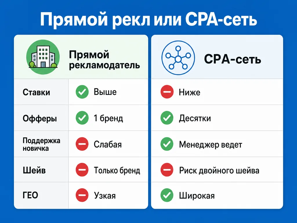 Сравнение прямого рекламодателя и CPA-сети по ключевым критериям