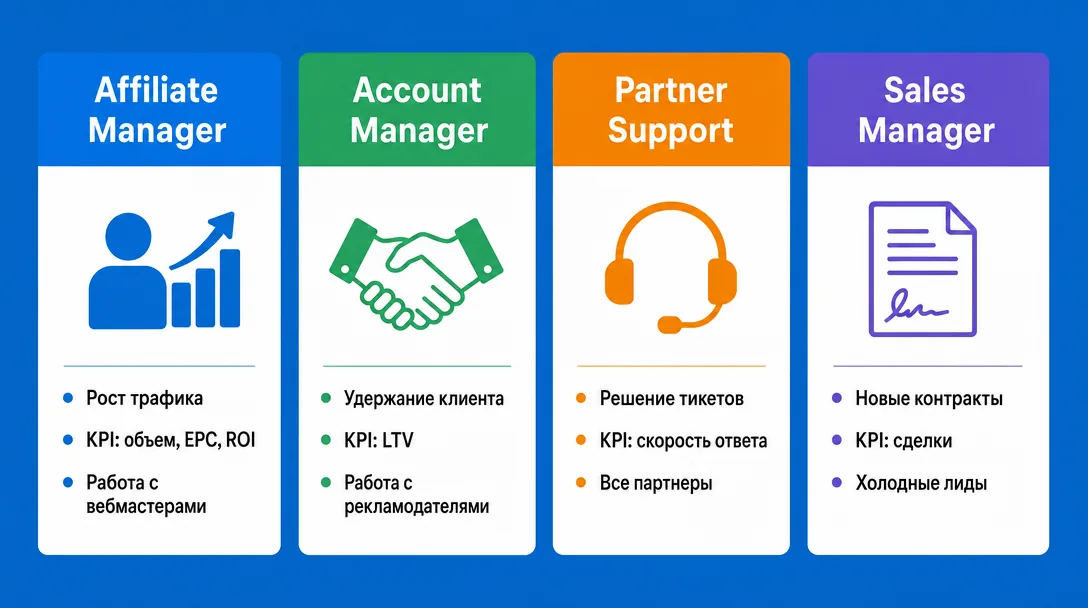 Сравнение ролей affiliate manager, account manager, support и sales в CPA