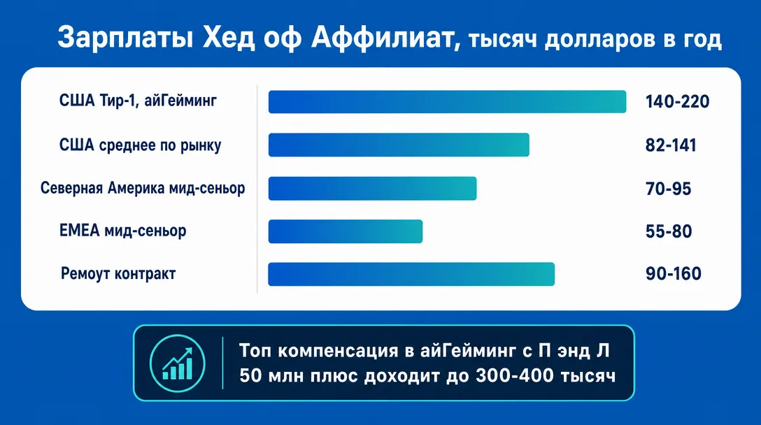 Инфографика с зарплатами Head of Affiliate по регионам и вертикалям