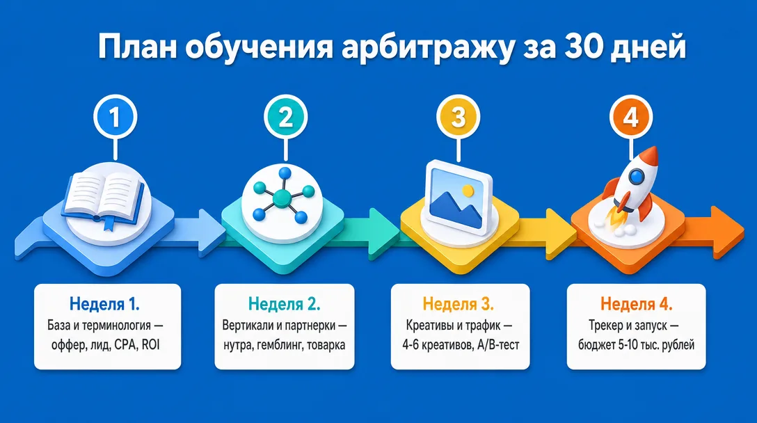 Схема обучения арбитражу трафика за 30 дней по неделям
