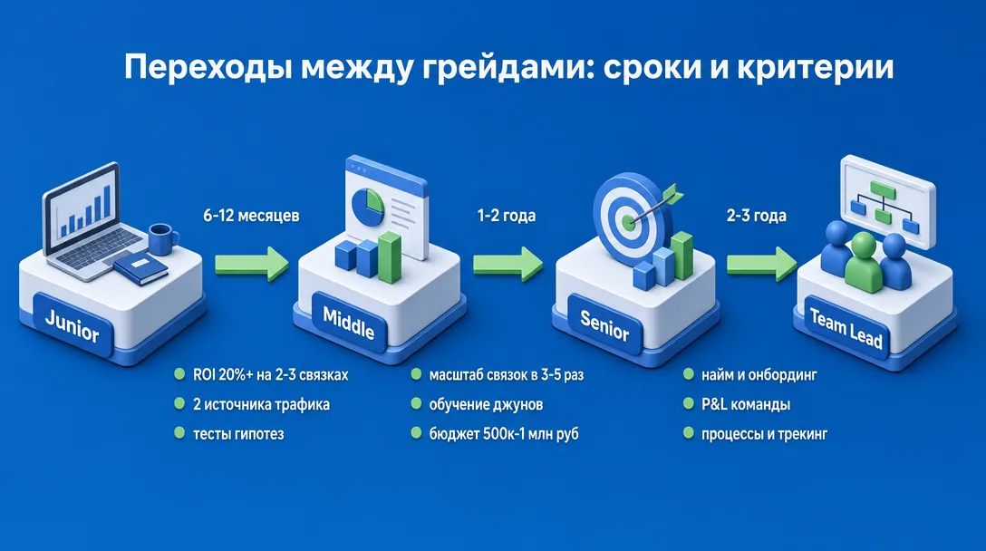 Схема перехода между грейдами медиабайера со сроками и условиями