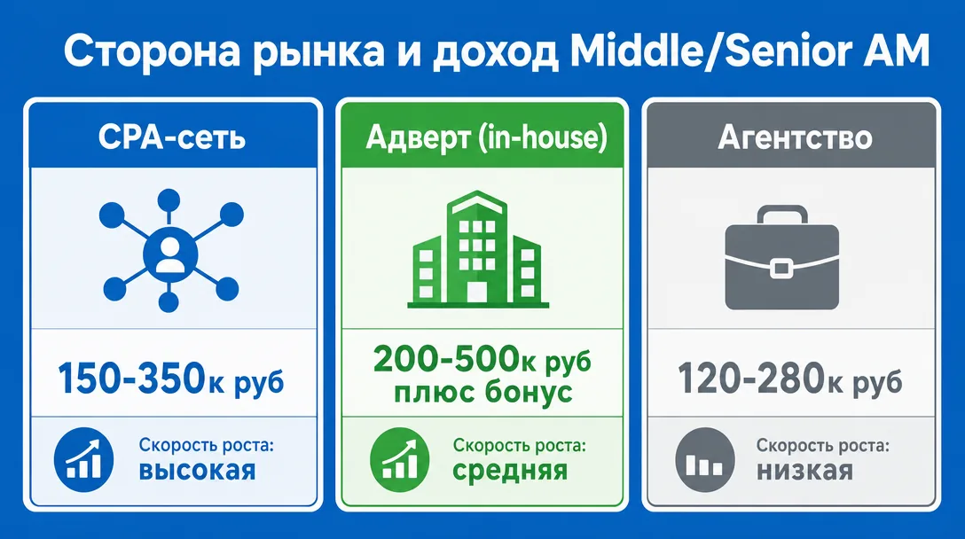 Сравнение зарплат affiliate manager в CPA-сети, у адверта и в агентстве