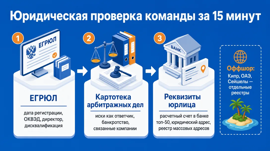 Схема юридической проверки арбитражной команды через открытые реестры