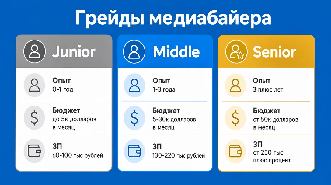 Сравнительная инфографика грейдов медиабайера по бюджетам и зарплате