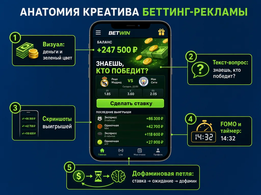 Схема психологических триггеров в рекламе букмекеров