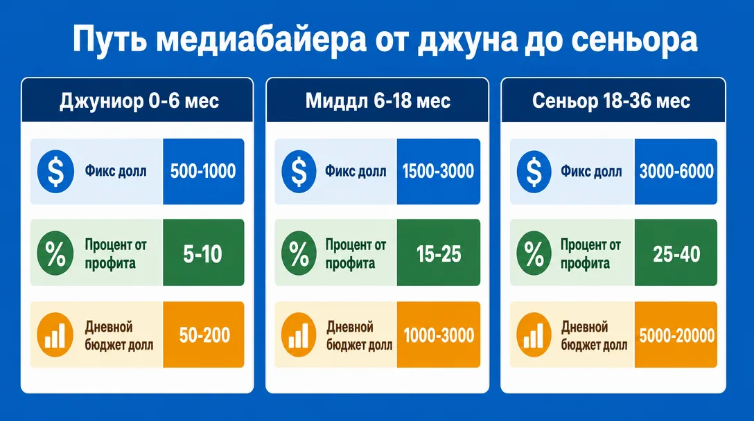 График роста дохода медиабайера от джуна до сеньора