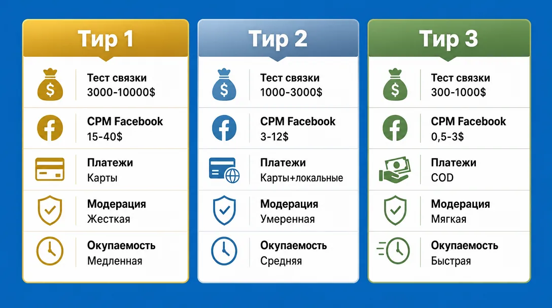 Сравнение тиров T1 T2 T3 по стоимости трафика и выплатам
