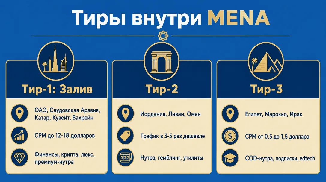 Сравнение тиров MENA по CPM, выплатам и вертикалям