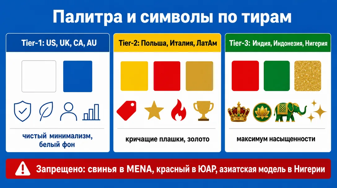 Палитра и символы креативов по тирам гео