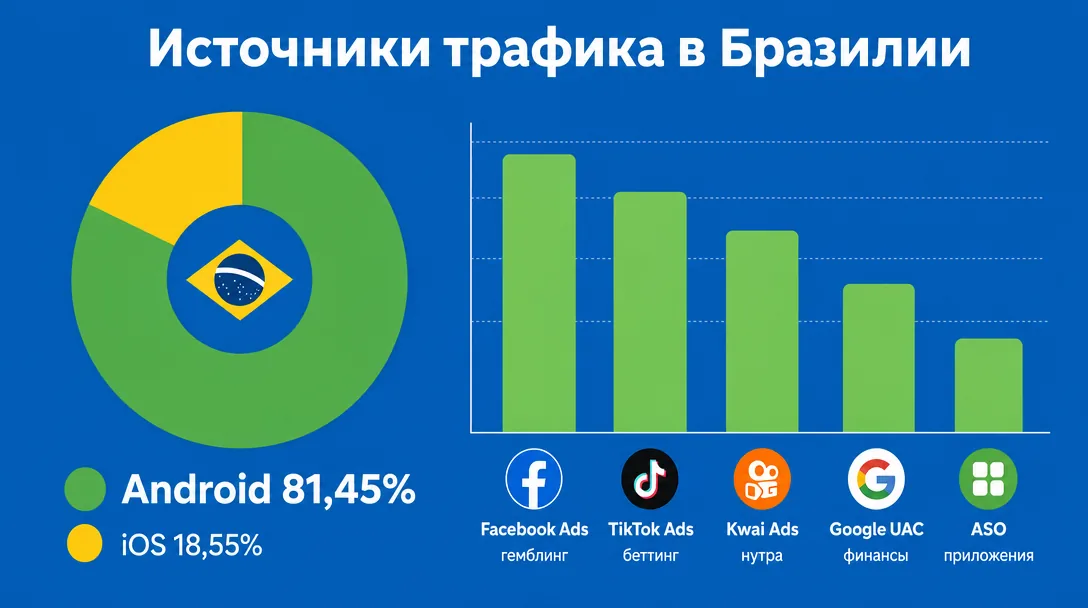 Источники трафика и доля Android для бразильского гео