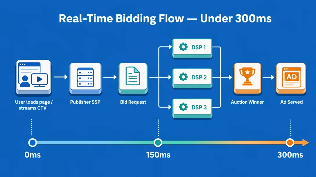 Real-time bidding flow diagram showing user, SSP, DSPs and ad serve under 300ms