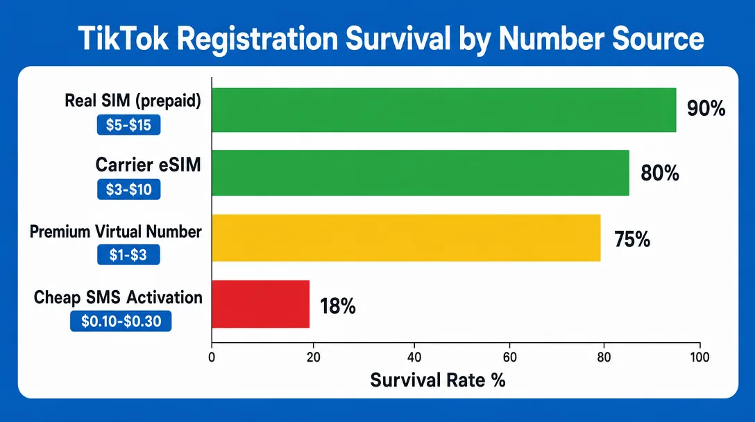 Phone number source survival rate chart for TikTok account registration