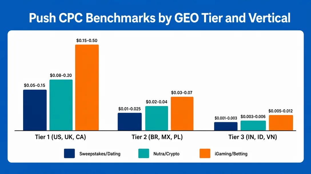 Push CPC benchmark chart by GEO tier and vertical