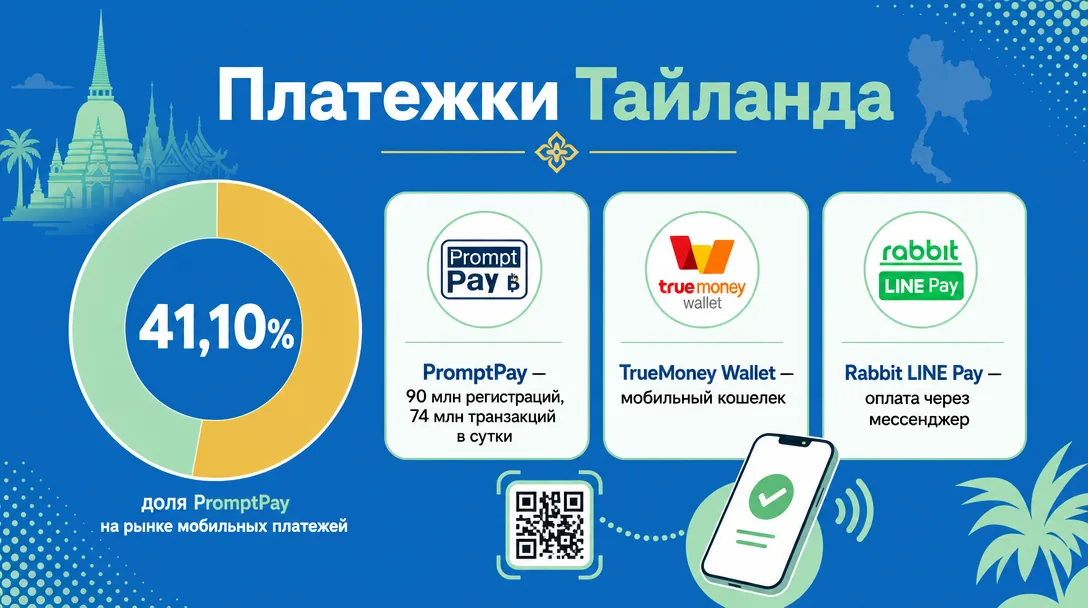 Инфографика тайских платежных систем PromptPay TrueMoney LINE Pay