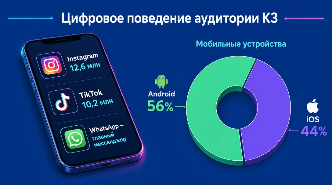 Инфографика по соцсетям и устройствам пользователей Казахстана
