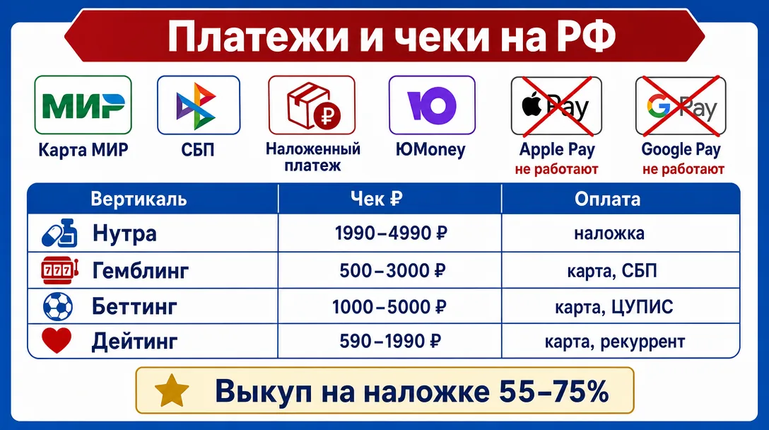Инфографика платежных методов и среднего чека по вертикалям в РФ