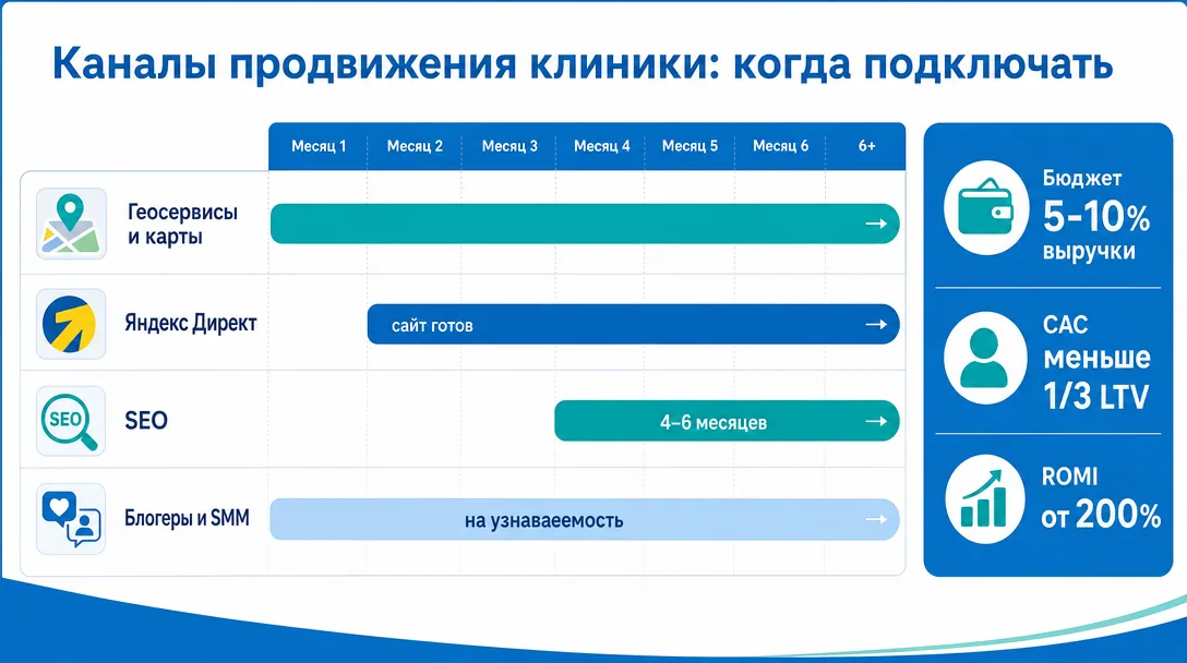График каналов продвижения клиники и сроков подключения