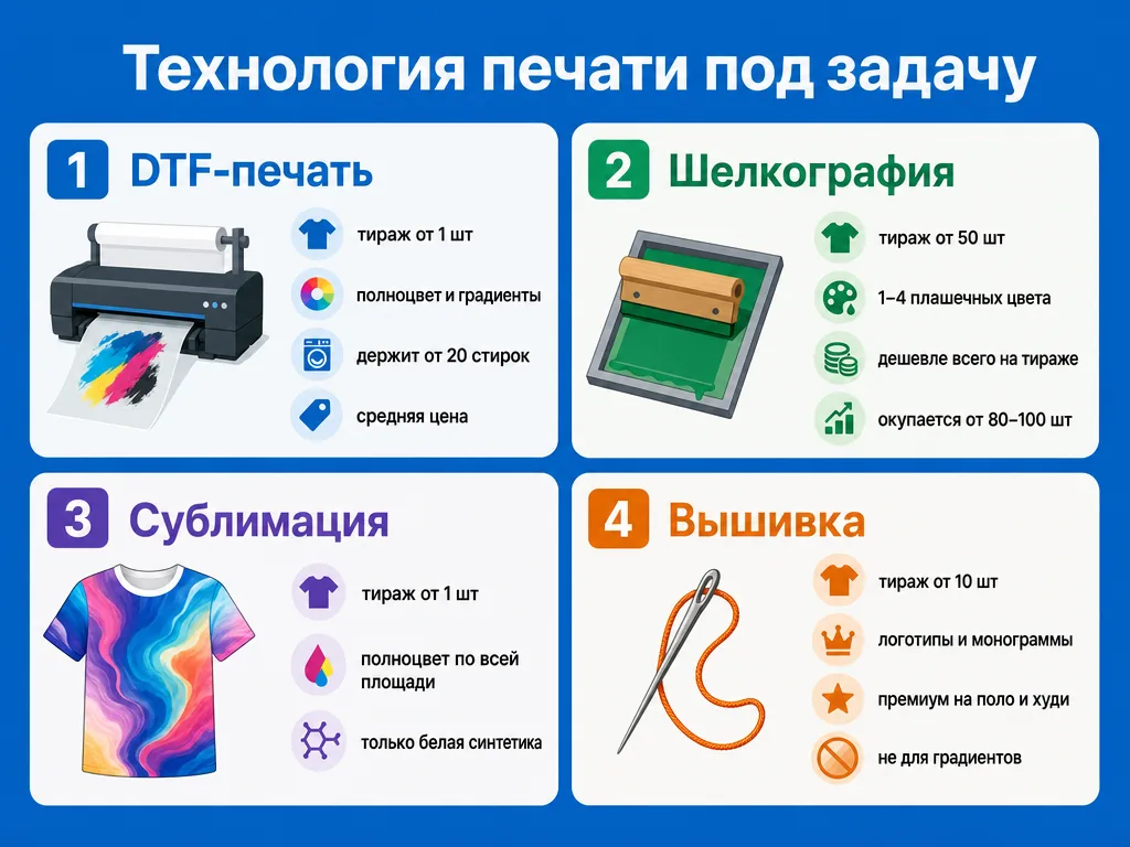 Сравнение технологий печати DTF шелкография сублимация вышивка