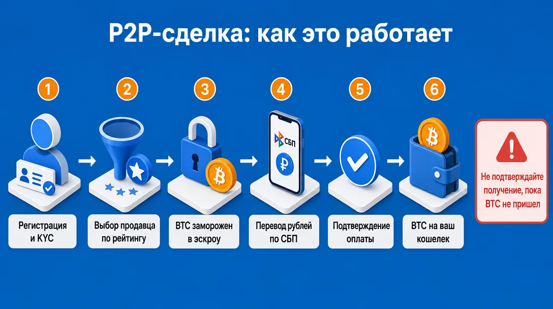 Схема P2P-сделки покупки биткоина через эскроу биржи