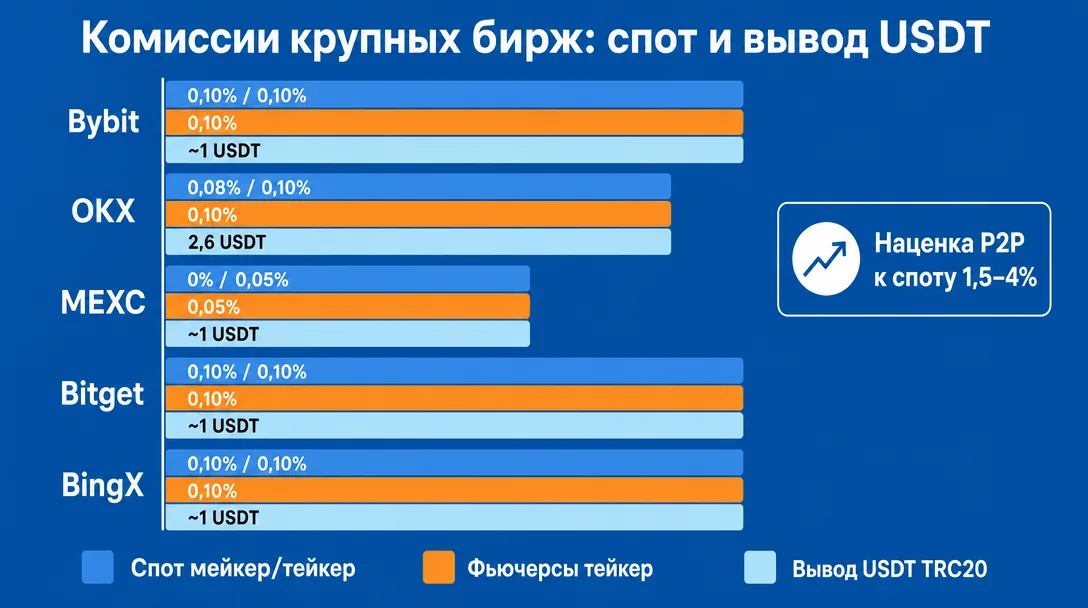 Сравнение спотовых комиссий и вывода USDT на крупных биржах