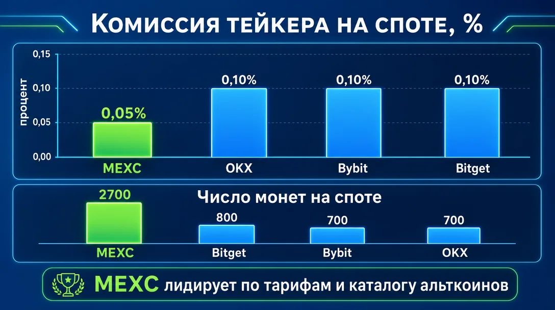 График сравнения комиссий MEXC Bybit OKX Bitget на споте