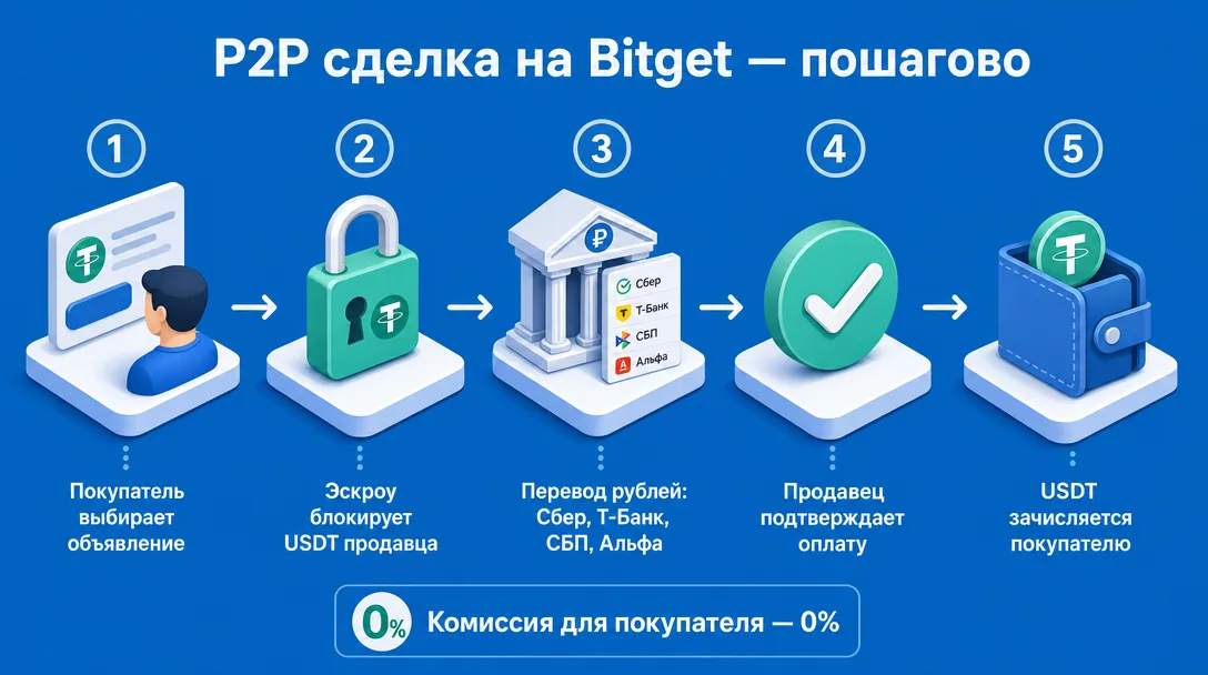 Схема покупки криптовалюты через P2P Bitget за рубли