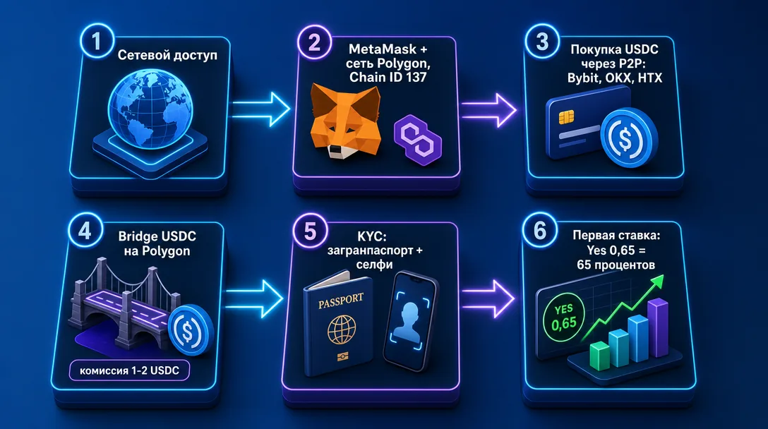 Пошаговая схема входа на Polymarket из России через MetaMask и USDC