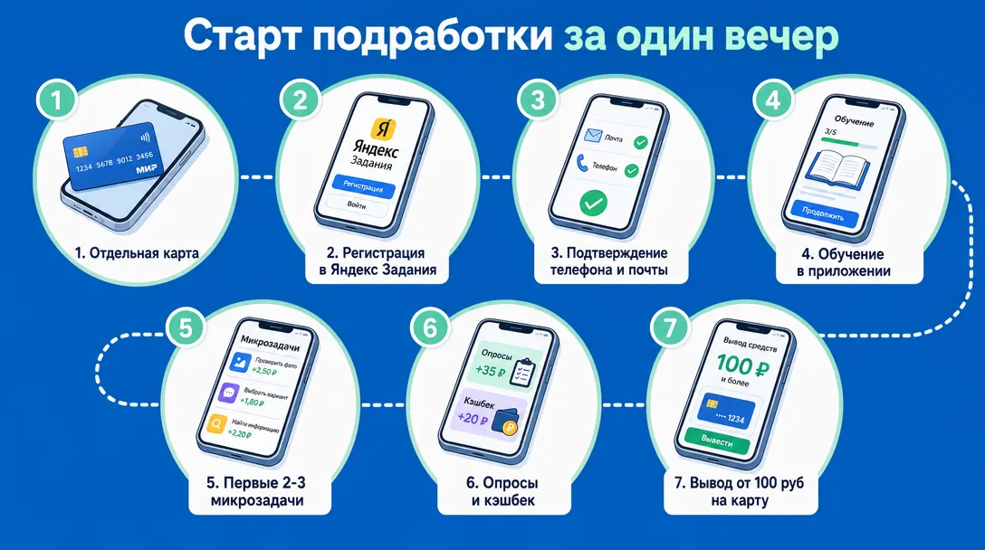 Схема старта онлайн-подработки с телефона за один вечер семь шагов