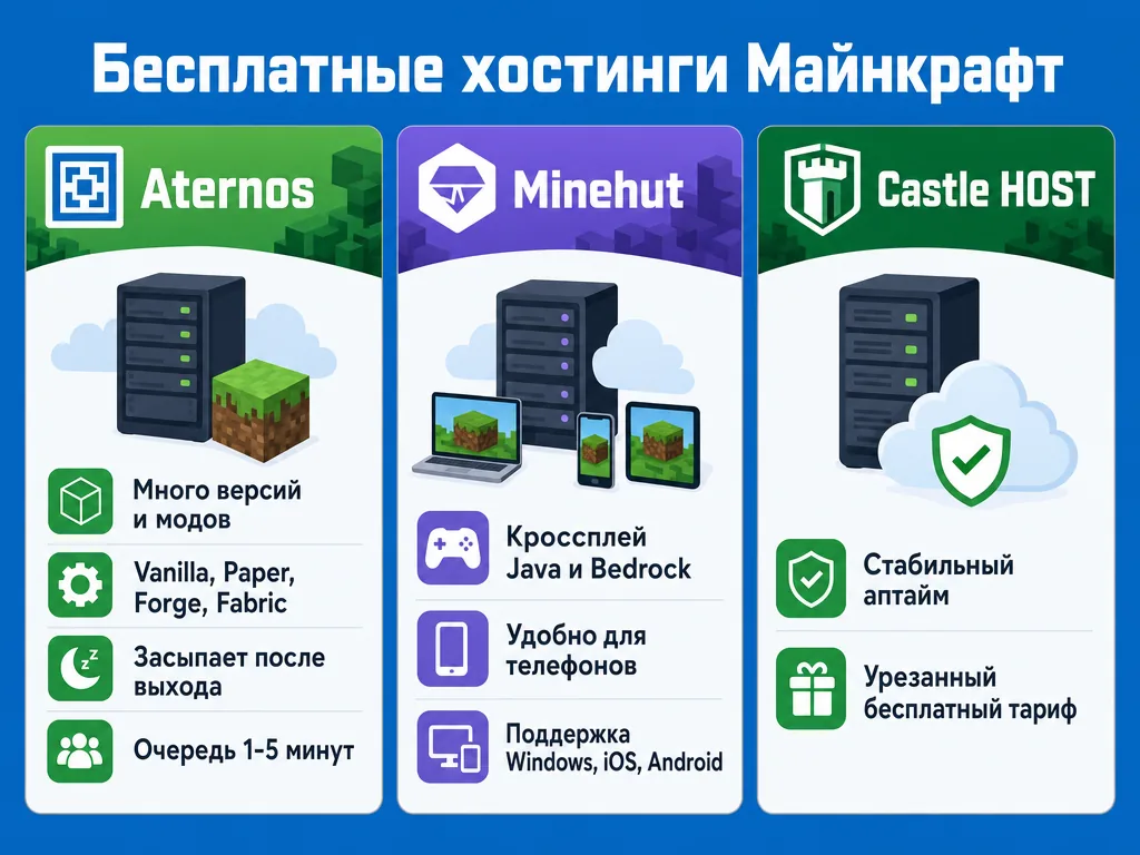 Сравнение бесплатных хостингов Aternos, Minehut и Castle HOST