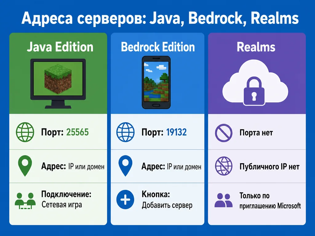 Сравнение Java Bedrock и Realms по адресу сервера
