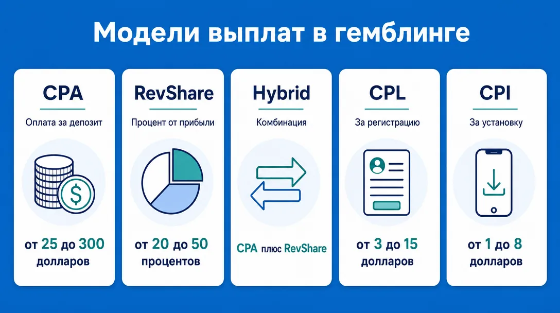 Инфографика моделей выплат CPA RevShare Hybrid CPL CPI с диапазонами ставок