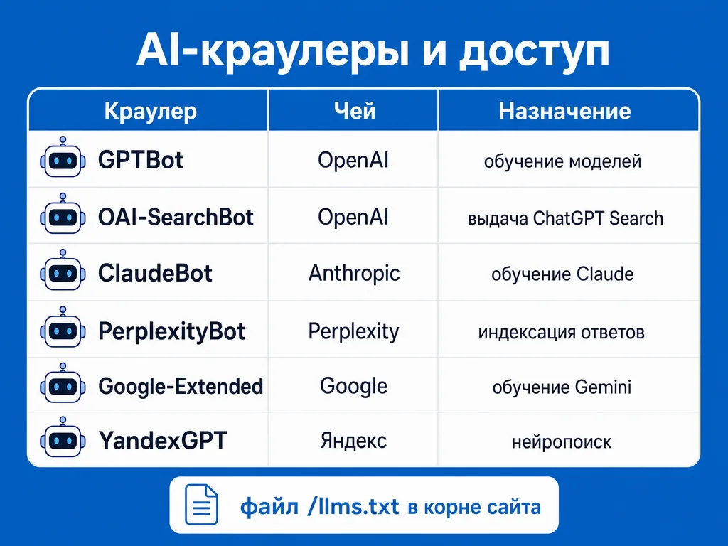 Таблица AI-краулеров GPTBot ClaudeBot PerplexityBot и их назначение