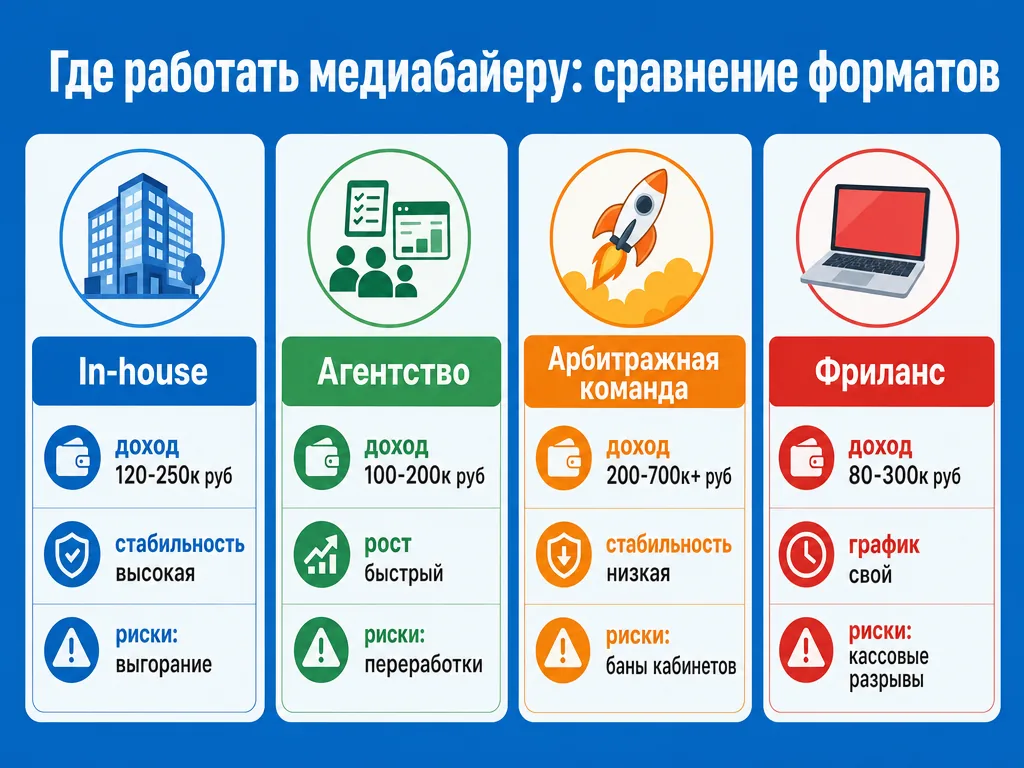Сравнение форматов работы медиабайера по доходу и рискам