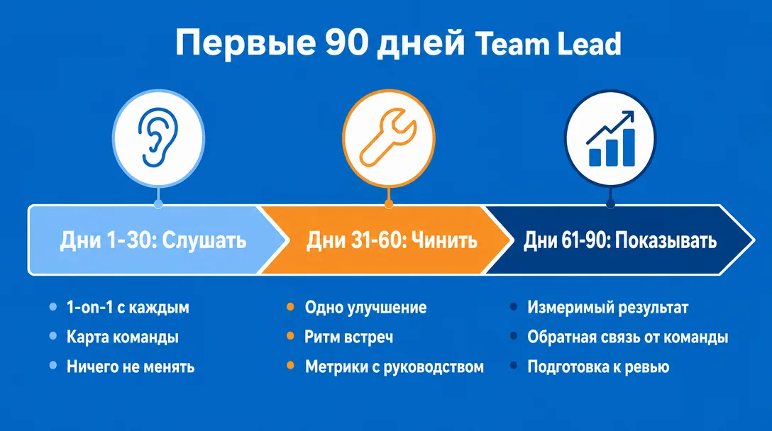 Схема плана первых 90 дней нового тимлида по этапам